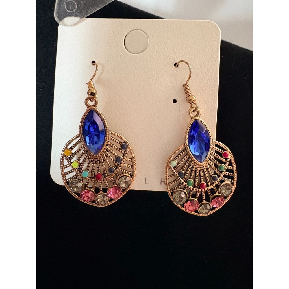 BOHO‎ Fan Shaped Statement Earrings with Blue Marquise Crystal